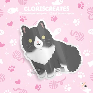 Longhaired Gray Tuxedo Cat Waterproof Vinyl Sticker | Kawaii Chibi Animal Laptop Decal | Cute Cartoon Pet Breed Kitten Loss Memorial Gift