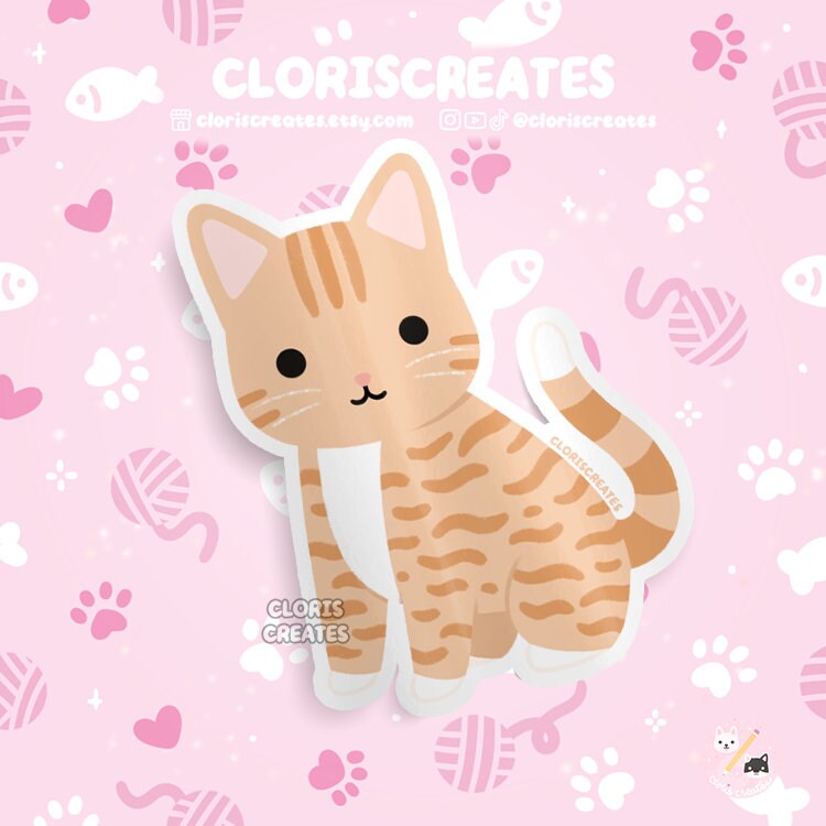 Orange Tabby Cat Waterproof Vinyl Sticker | Kawaii Chibi Animal Laptop ...