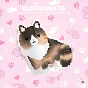 Longhaired Tortico Cat Waterproof Vinyl Sticker | Kawaii Chibi Animal Laptop Decal | Cute Cartoon Pet Breed Kitten Loss Memorial Gift