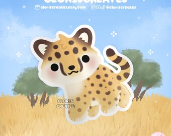 Cheetah Waterproof Vinyl Sticker | Kawaii Chibi Big Wildcat Animal Lover Art Laptop Decal | Cute Cartoon Zoo Souvenir Wildlife Gift