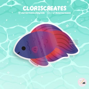 Betta Fish Red Purple Blue Veiltail Waterproof Die Cut Sticker | Kawaii Chibi Aquarium Laptop Decal | Cute Cartoon Exotic Pet Animal Gift