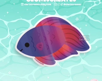 Betta Fish Red Purple Blue Veiltail Waterproof Die Cut Sticker | Kawaii Chibi Aquarium Laptop Decal | Cute Cartoon Exotic Pet Animal Gift