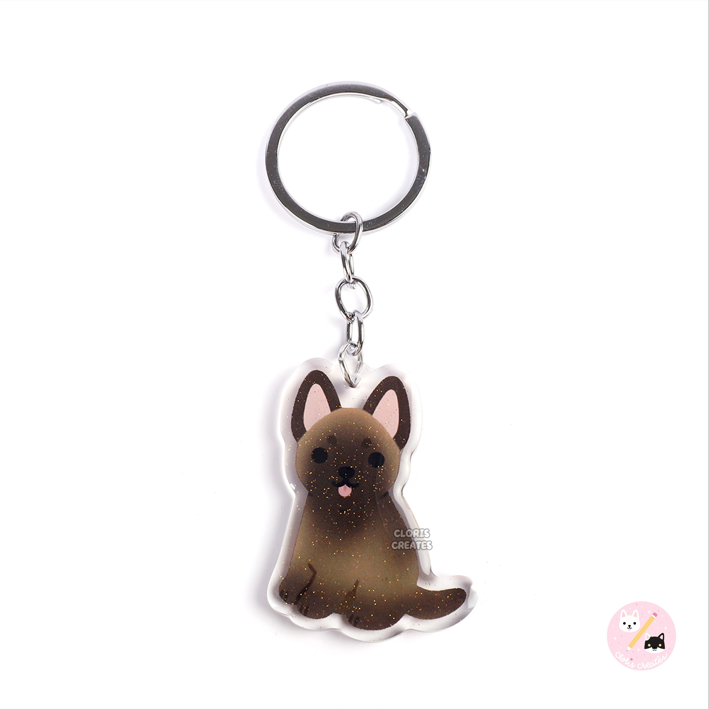 Dark Fawn Belgian Malinois Acrylic Dog Breed Keychain | Cartoon Kawaii Puppy Glitter Charm | Chibi Cute Animal Lover Pet Loss Memorial Gift