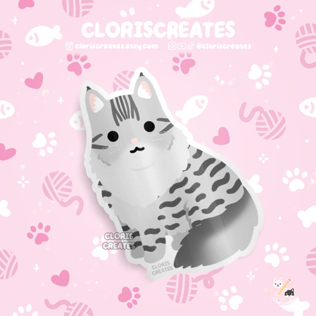 Silver Gray Maine Coon Longhaired Cat Waterproof Vinyl Sticker | Kawaii ...