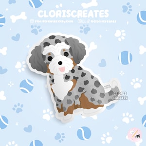 Blue Merle Aussiedoodle Poodle Mixed Dog Breed Waterproof Vinyl Sticker | Kawaii Chibi Animal Decal Cute Cartoon Doodle Puppy Pet Loss Gift