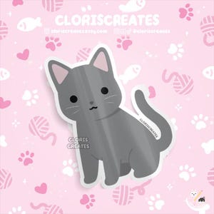 Gray Chartreux Cat Waterproof Vinyl Sticker | Kawaii Chibi Animal Lover Laptop Decal | Cute Cartoon Pet Breed Kitten Loss Memorial Gift