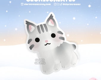 May include: A cute cartoon illustration of a gray and white cat with black stripes. The cat is looking to the left with a worried expression. The cat is standing on a white snowy background.