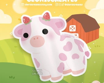 Strawberry Fruity Cow Waterproof Vinyl Sticker | Kawaii Chibi Petting Zoo Souvenir Decal | Cute Farm Animal Art Lover Loss Memorial Gift