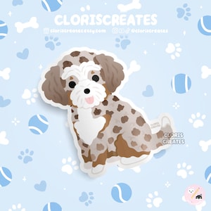 Red Merle Aussiedoodle Poodle Mix Dog Breed Waterproof Vinyl Sticker | Kawaii Chibi Animal Art Decal | Cute Cartoon Puppy Pet Memorial Gift