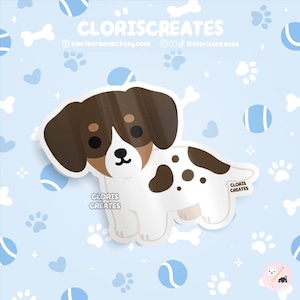 Chocolate Tan Piebald Dachshund Dog Breed Waterproof Vinyl Sticker | Kawaii Chibi Animal Art Laptop Decal | Cute Cartoon Puppy Pet Gift