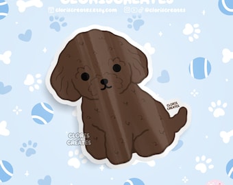 May include: A brown cartoon poodle dog sticker with a white outline. The sticker is on a light blue background with white paw prints and blue tennis balls.