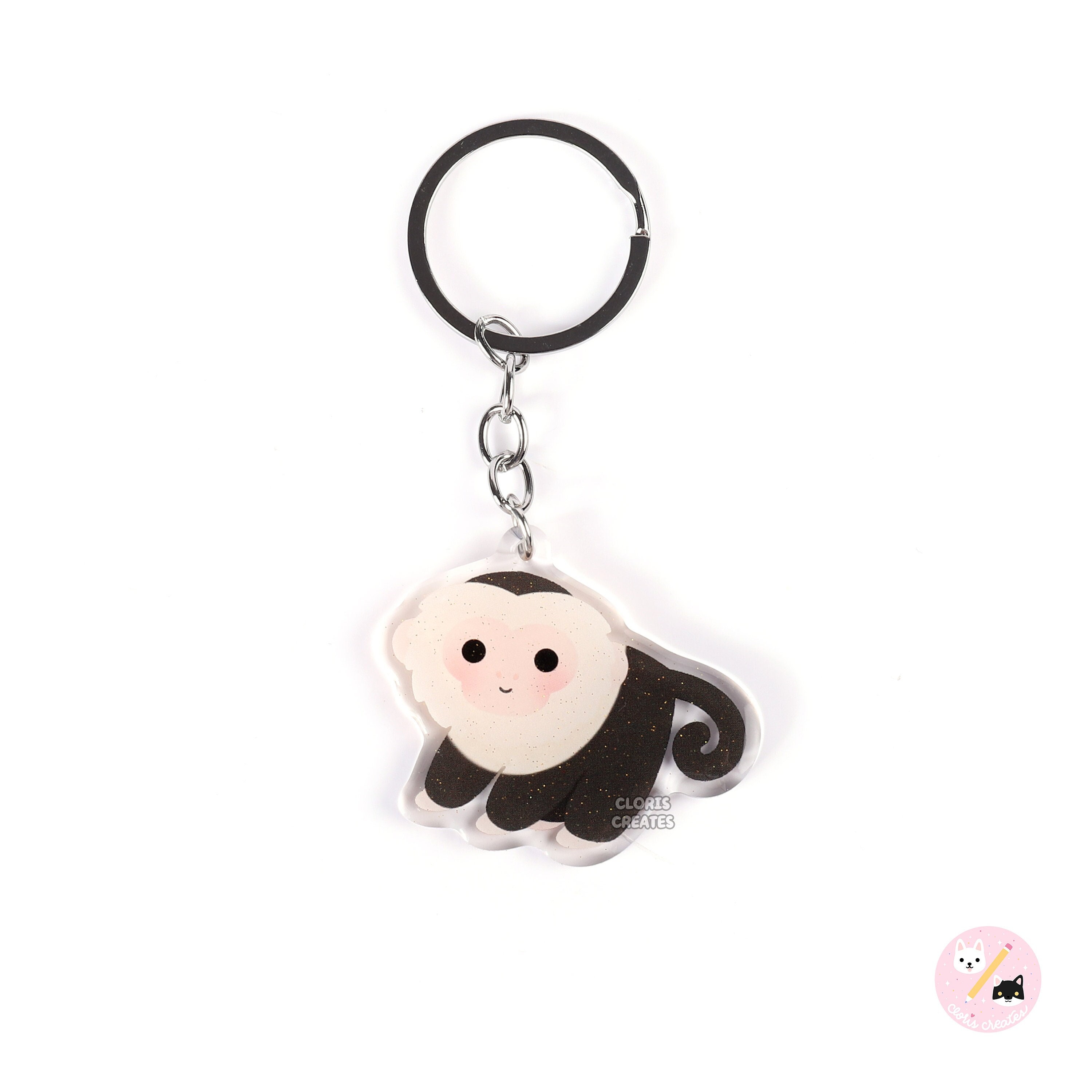 Capuchin Monkey Acrylic Glitter Keychain | Kawaii Chibi Wild Primate Animal Art Charm | Cute Cartoon Zoo Souvenir Wildlife Keyring Gift