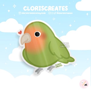 Pegatina de vinilo impermeable de agapornis cara de melocotón verde, diseño de animales kawaii chibi para portátil, regalo para la pérdida de una mascota exótica de dibujos animados.