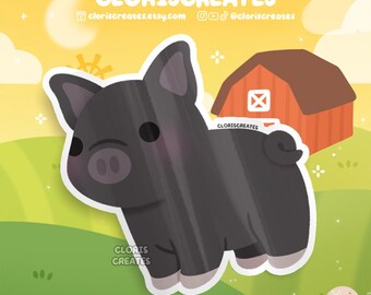 May include: A black pig cartoon sticker with a red barn in the background. The sticker has a white outline and the text "CLORISCREATES" is written on the bottom.