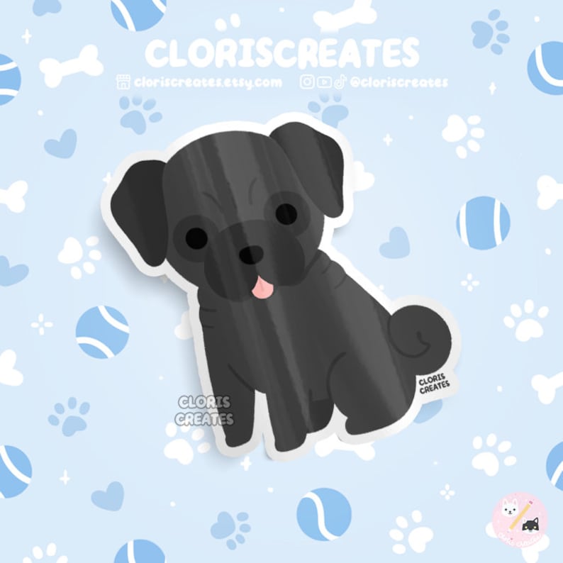 May include: Black pug dog sticker with a white background. The sticker has a glossy finish and is sitting on a blue surface with white paw prints and blue tennis balls.