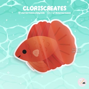 Betta Fish Red Halfmoon Waterproof Die Cut Sticker | Kawaii Chibi Aquarium Fighting Fish Laptop Bottle Decal | Cute Cartoon Pet Animal Gift