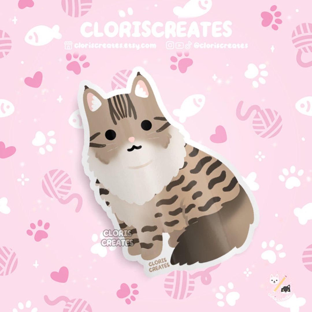 Brown Maine Coon Longhaired Cat Waterproof Vinyl Sticker | Kawaii