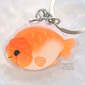 Ranchu Goldfish Orange White Keychain | Cartoon Chibi Aquarium Art Double Sided Glitter Acrylic Charm | Kawaii Cute Animal Lover Pet Gift