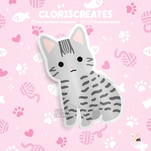 Silver Gray Manx Tabby Cat Waterproof Vinyl Sticker | Kawaii Chibi Animal Laptop Decal | Cute Cartoon Pet Breed Kitten Loss Memorial Gift