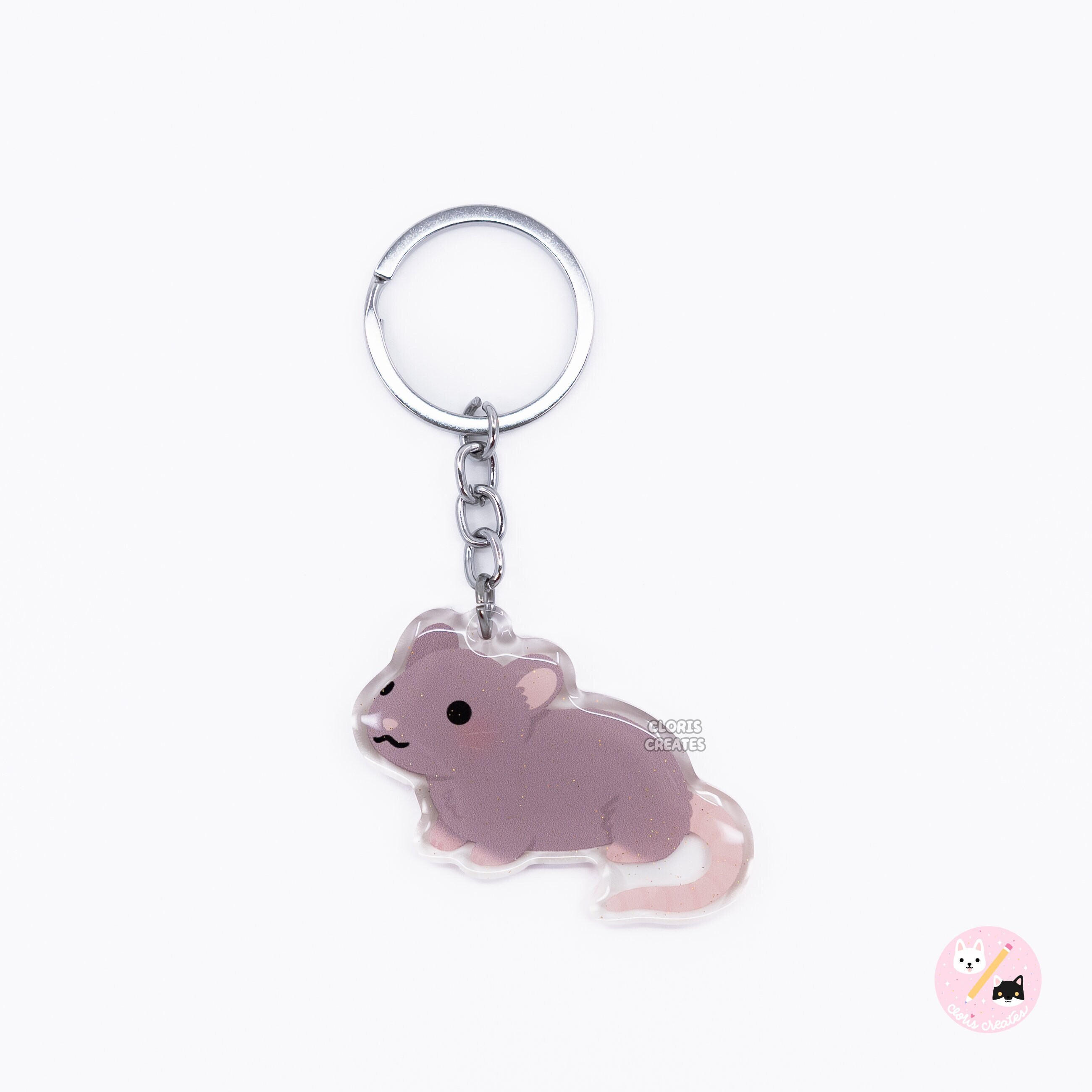 Brown Fancy Rat Acrylic Pet Breed Keychain | Cartoon Kawaii Art Double-Sided Epoxy Rodent Glitter Charm | Chibi Cute Animal Lover Gift
