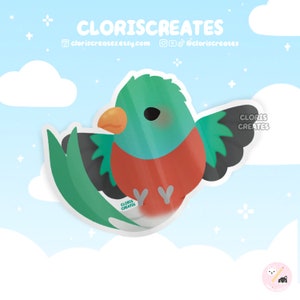 Pegatina de vinilo impermeable de pájaro guatemalteco quetzal resplandeciente / Calcomanía para laptop para amantes de los animales kawaii chibi / Lindo recuerdo de dibujos animados, regalo de vida silvestre