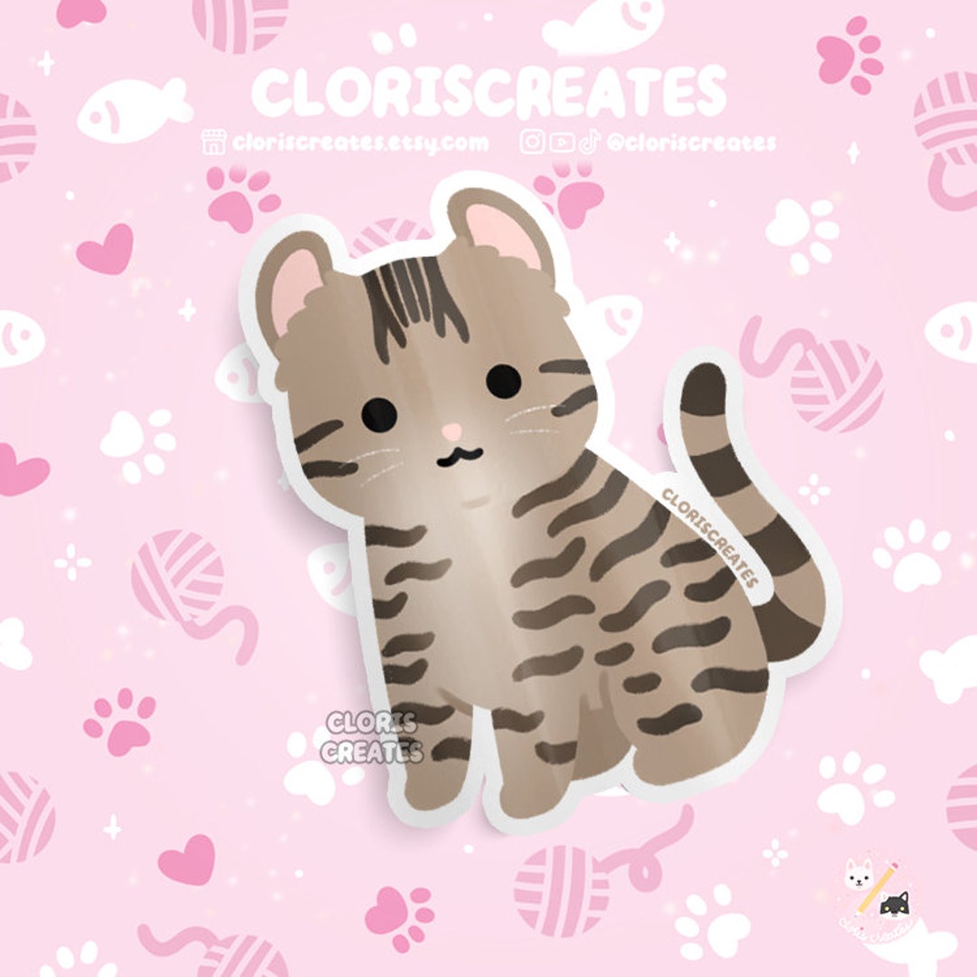 Brown Tabby American Curl Cat Waterproof Vinyl Sticker Kawaii Chibi ...
