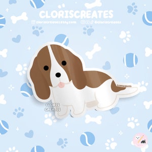 Red & White Basset Hound Dog Breed Waterproof Vinyl Sticker | Kawaii Chibi Animal Decal | Cute Cartoon Hound Puppy Pet Loss Memorial Gift