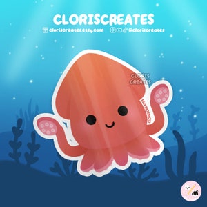 Giant Squid Waterproof Vinyl Sticker | Kawaii Chibi Marine Animal Lover Art Laptop Decal | Cute Cartoon Aquarium Souvenir Sea Creature Gift