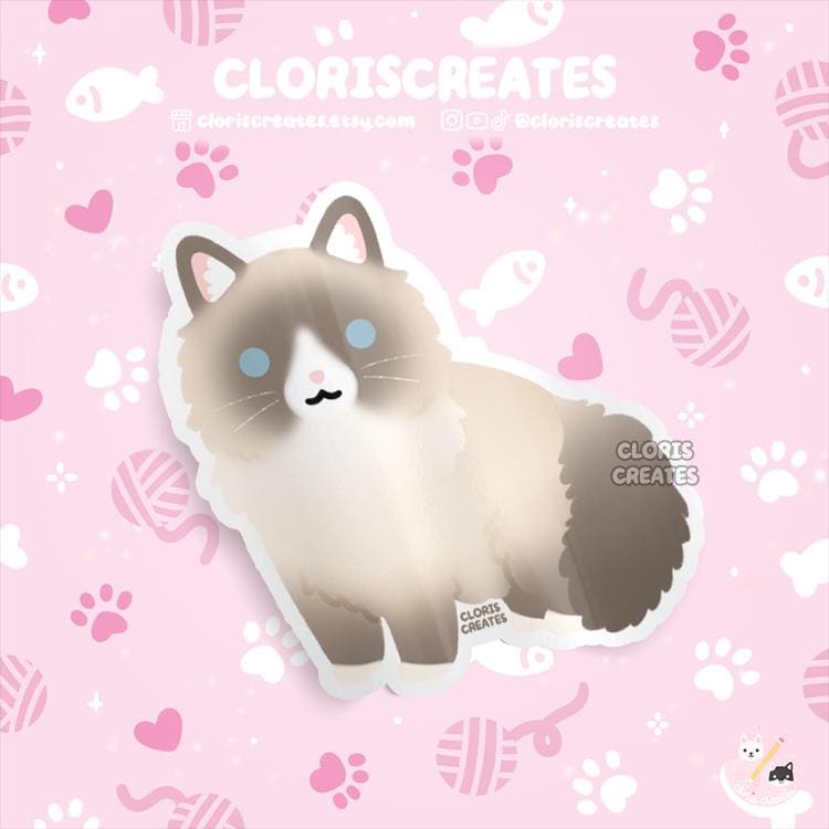 Blue Point Ragdoll Cat Waterproof Vinyl Sticker | Kawaii Chibi Animal Laptop Decal | Cute Cartoon Pet Breed Kitten Loss Memorial Gift