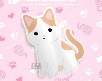 May include: A white and orange cat sticker with a pink background. The cat is sitting with its tail curled around its body. The sticker has the text "CLORIS CREATES" on it.
