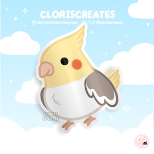 Pegatina de vinilo impermeable de la raza de ave cacatúa pío / Calcomanía para portátil con diseño de loro chibi kawaii para amantes del arte animal / Lindo dibujo animado exótico para regalo de pérdida de mascota
