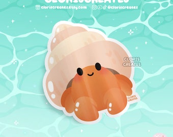 May include: A cartoon illustration of a hermit crab in a pink and white shell. The crab is orange and has a happy expression. The background is a light blue colour with white swirls.