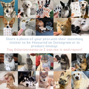 May include: A collage of various pets, including dogs and cats, each paired with a matching sticker. The stickers feature illustrations of the animals. Text encourages sharing photos with the stickers on Instagram.