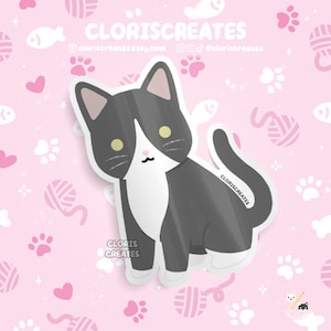 Gray Tuxedo Cat Waterproof Vinyl Sticker | Kawaii Chibi Animal Laptop Decal | Cute Cartoon Pet Breed Kitten Loss Memorial Gift