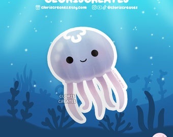 Pegatina de vinilo impermeable de medusa lunar / Calcomanía kawaii de animales marinos chibi para amantes de las medusas / Lindo recuerdo de acuario de dibujos animados, regalo de criatura marina