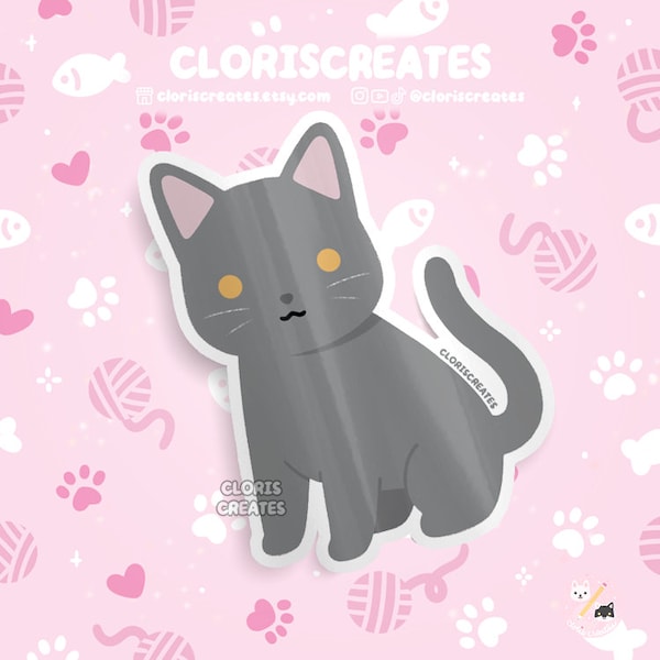 Gray Cat and Chartreux Cat Waterproof Vinyl Sticker | Kawaii Chibi Animal Laptop Decal | Cute Cartoon Pet Breed Kitten Loss Memorial Gift