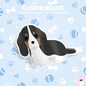 Black Tri Basset Hound Dog Breed Waterproof Vinyl Sticker | Kawaii Chibi Animal Art Laptop Decal | Cute Cartoon Puppy Pet Loss Memorial Gift