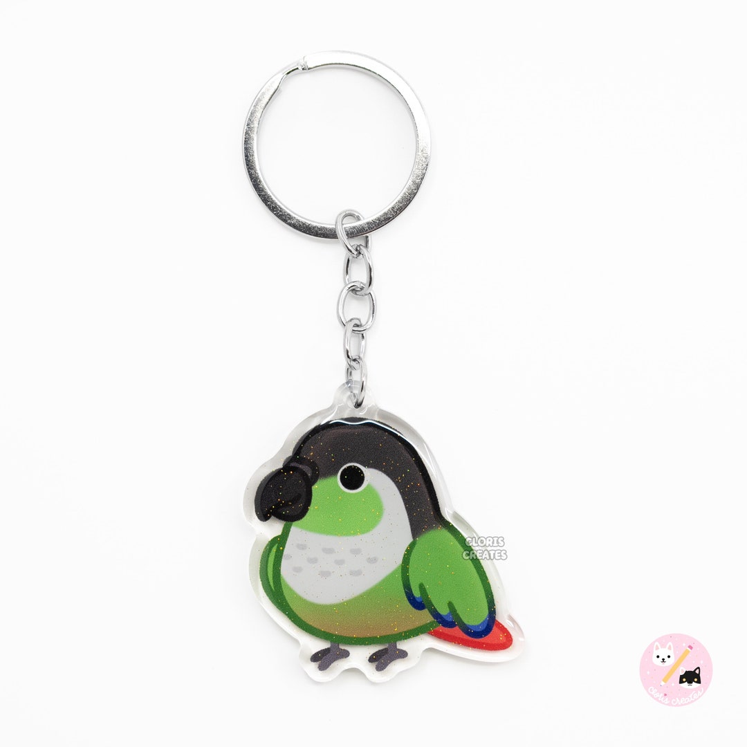 Green Cheeked Conure Acrylic Bird Breed Keychain Cartoon Kawaii Art Style Glitter Charm Cute