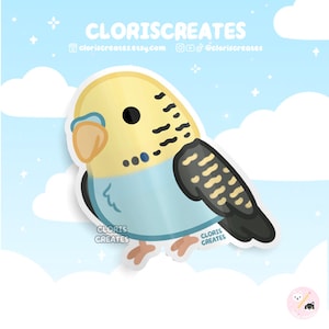 Pegatina de vinilo impermeable de periquito azul cielo de cara amarilla / Calcomanía artística de animal chibi kawaii / Lindo regalo de mascota de dibujos animados para la pérdida de un pájaro