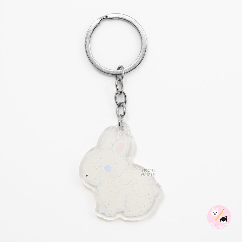 Blue Eyed White Netherland Dwarf Rabbit Acrylic Pet Breed Keychain Cartoon Kawaii Art Bunny Glitter Charm Chibi Cute Animal Lover Gift image 1