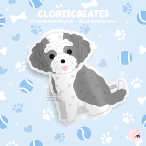 Gray & White Doodle Poodle Mixed Dog Waterproof Vinyl Sticker | Kawaii Chibi Animal Laptop Decal | Cute Cartoon Rescue Puppy Pet Loss Gift