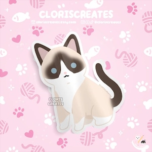 Cream Snowshoe Cat Waterproof Vinyl Sticker | Kawaii Chibi Animal Laptop Decal | Cute Cartoon Pet Breed Brown Kitten Loss Memorial Gift
