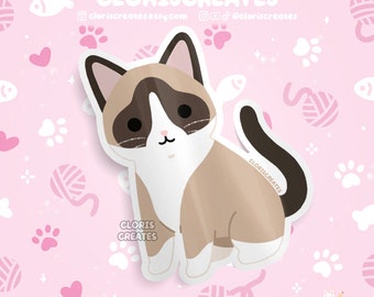 Tan Snowshoe Cat Waterproof Vinyl Sticker | Kawaii Chibi Animal Laptop Decal | Cute Cartoon Pet Breed Brown Kitten Loss Memorial Gift