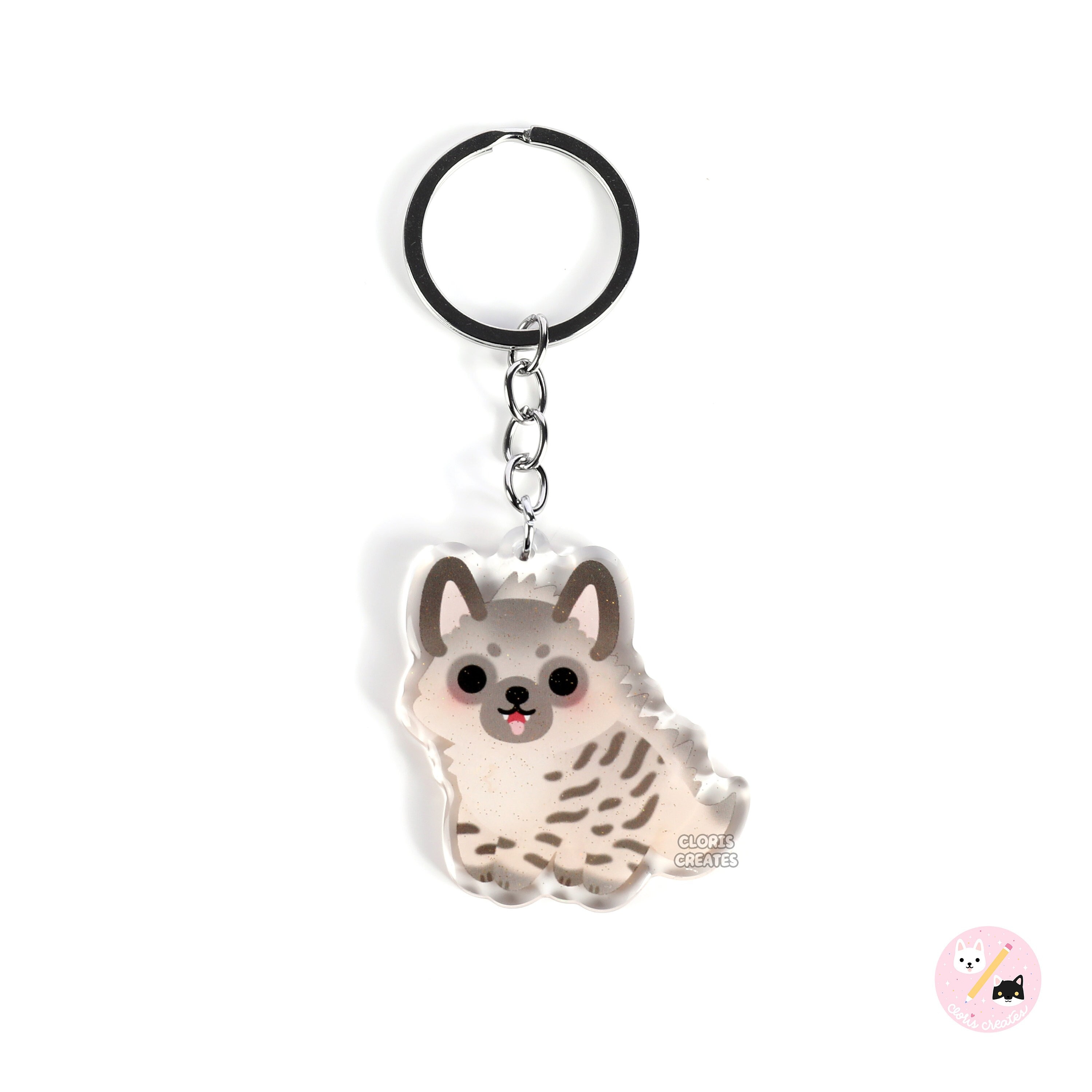 Striped Hyena Acrylic Glitter Keychain | Kawaii Chibi Animal Lover Wild Dog Charm | Cute Cartoon Wildlife Zoo Safari Souvenir Keyring Gift