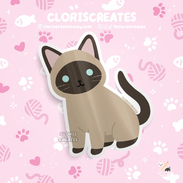 Seal Point Siamese Cat Waterproof Vinyl Sticker | Kawaii Chibi Animal Laptop Decal | Cute Cartoon Pet Breed Brown Kitten Loss Memorial Gift