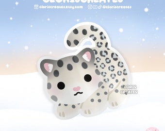 May include: A white and gray cartoon snow leopard with black spots, looking to the left, with a pink nose and blush on its cheeks. The snow leopard is on a white background with a light blue sky in the background.