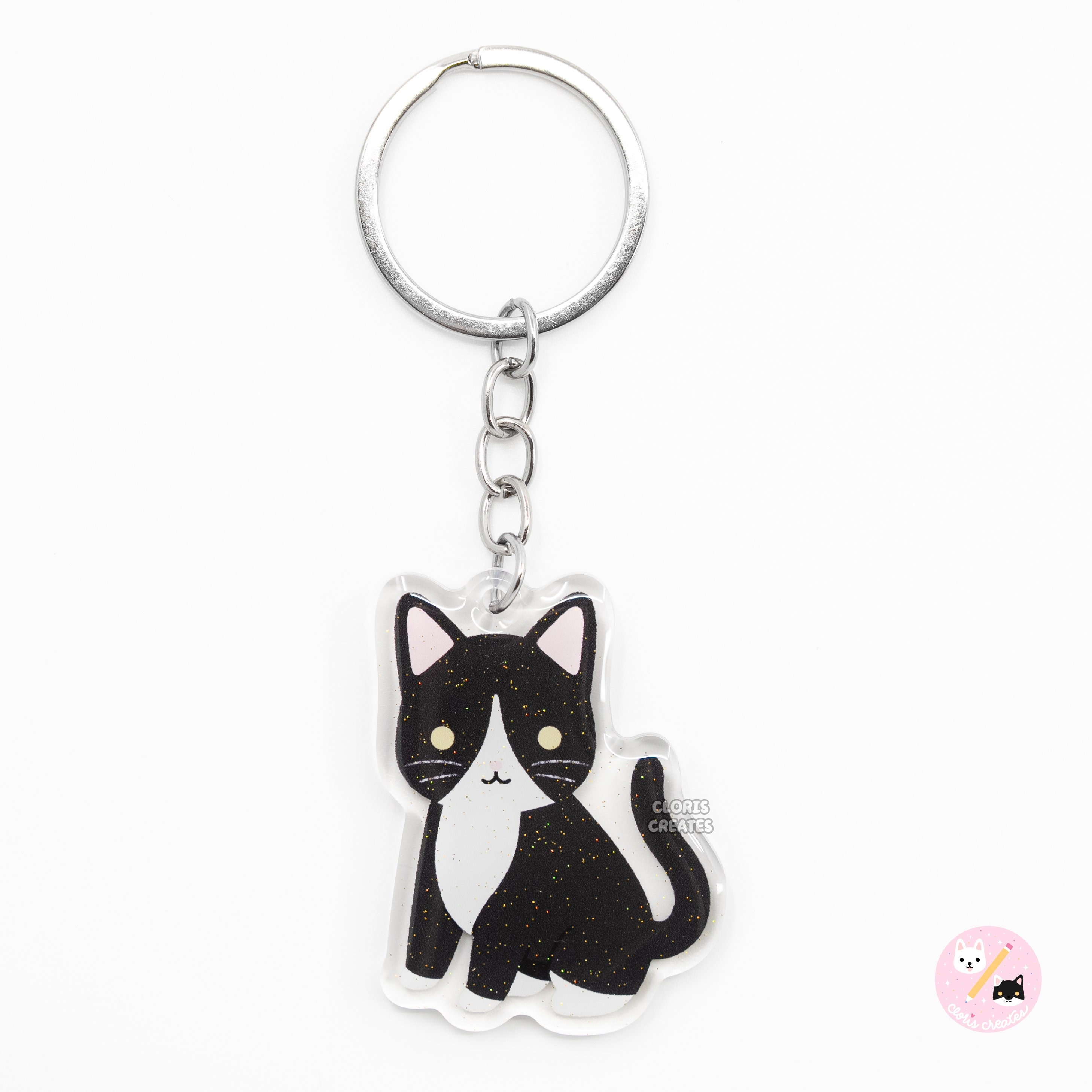 Black Tuxedo Cat Acrylic Pet Breed Keychain | Cartoon Chibi Animal Art Lover Glitter Charm | Kawaii Cute Kitten Loss Memorial Keyring Gift