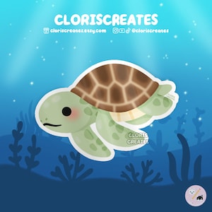 Sea Turtle Waterproof Vinyl Sticker | Kawaii Chibi Marine Animal Lover Art Laptop Decal | Cute Cartoon Aquarium Souvenir Sea Creature Gift