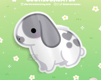 Pegatina de vinilo impermeable de conejo Holland Lop lila roto / Calcomanía de botella con diseño de animales kawaii chibi / Regalo para la pérdida de un conejito de dibujos animados