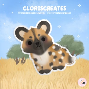 Pegatina de vinilo impermeable de perro salvaje africano / Calcomanía de perro de caza con capa pintada estilo Chibi Kawaii / Lindo recuerdo de zoológico de dibujos animados, regalo de vida silvestre
